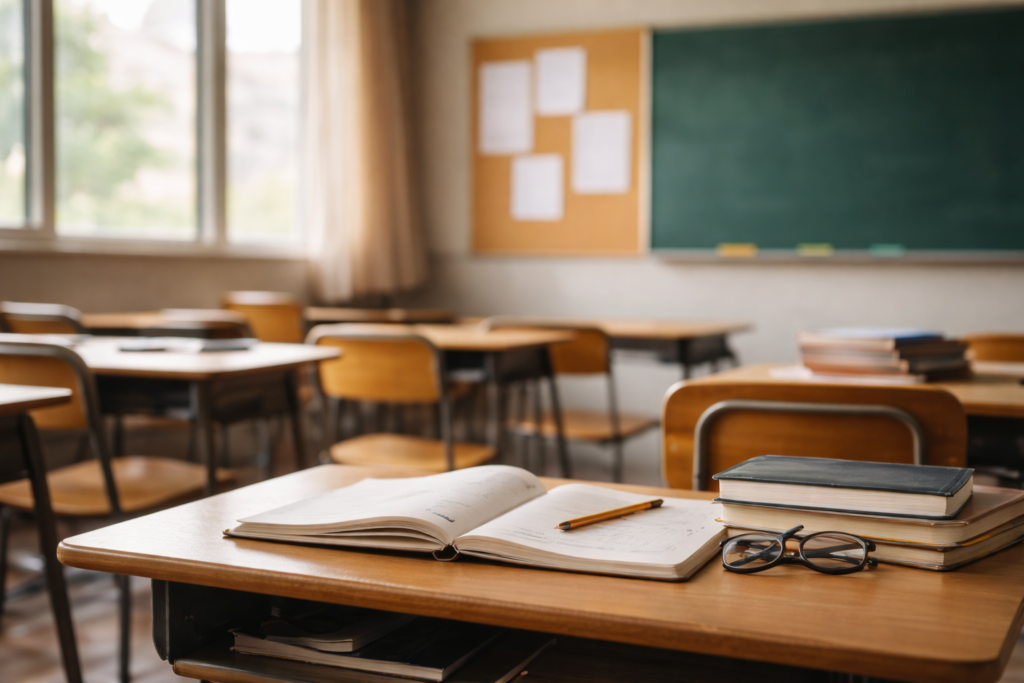 Aprender sin manual Aula escolar con cuaderno y libros, imagen reflexiva sobre educación